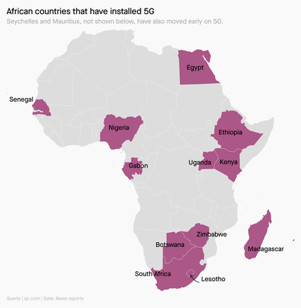 A map showing the African countries that planned to roll out 5G.