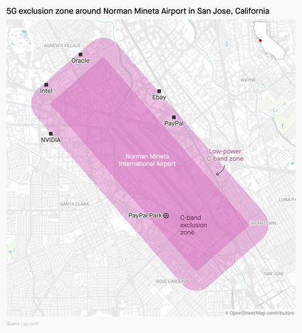 A map highlighting the 5G exclusion zone around Norman Mineta Airport in San Jose, California.