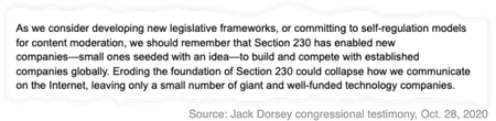 A snippet from Jack Dorsey&#039;s testimony on Oct. 28, 2020 that reads: &quot;As we consider developing new legislative frameworks, or committing to self-regulation models for content moderation, we should remember that Section 230 has enabled new companies—small ones seeded with an idea—to build and compete with established companies globally. Eroding the foundation of Section 230 could collapse how we communicate on the Internet, leaving only a small number of giant and well-funded technology companies.&quot;