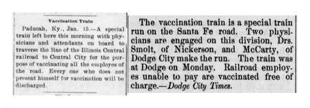 Newspaper clippings report on the vaccination trains.