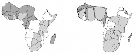 The cartogram on the right shows the same map after it has been distorted so that the area of a country is approximately proportionate to the number of articles written about it between 1993 and 2013. Light grey countries were British colonies and dark grey countries were French colonies.