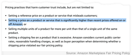 A snippet of the Amazon Marketplace Fair Pricing Policy, with the company&#039;s most favored nation clause highlighted. It bars vendors from “setting a price on a product or service that is significantly higher than recent prices offered on or off Amazon.”