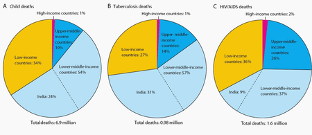 Pie charts of worldwide deaths by economic cohort