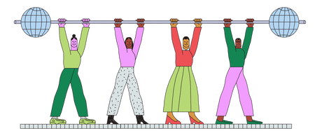 Illustration of four people holding up a weight together