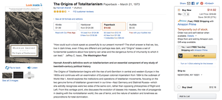 Hannah Arendt’s “The Origins of Totalitarianism” is out of stock on Amazon.