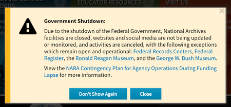 The National Archives website during the 2018 US government shutdown
