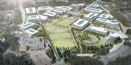 artist rendering of Microsoft campus with cricket field