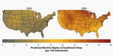 Map showing how climate change is affecting sleep in the US