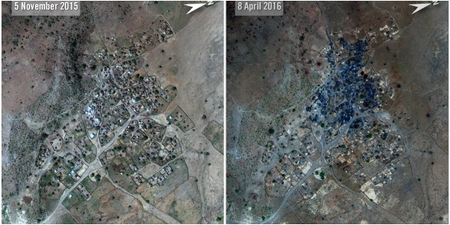 Satellite imagery shows burnt areas of Nuoguey after an attack by government forces.