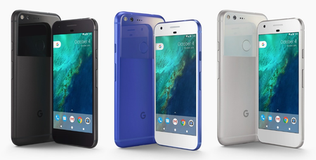 The Google Pixel XL in three colors: black, blue and white.