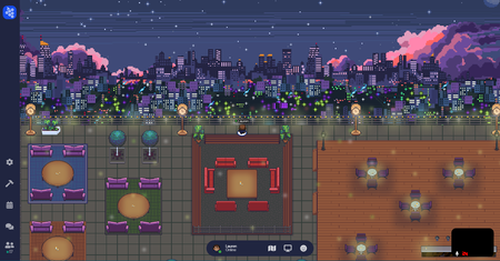 An 8-bit Avatar looks out at a glittering nighttime cityscape from the rooftop deck of an office in Gather.