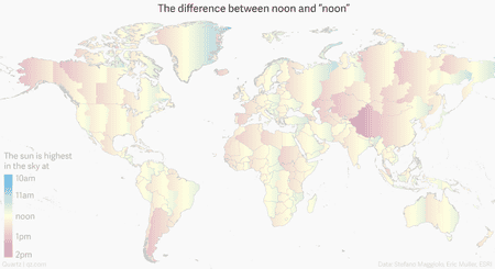 Map of how much solar noon differs from local clock noon around the world
