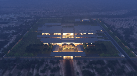 An image of the a rendering showing a night view from an aerial perspective at district hospitals, as part of Ghana&#039;s Agenda 111. By Adjaye Associates