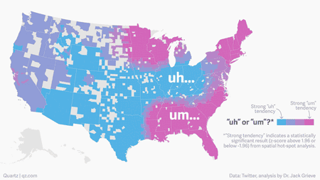 Map showing usage of um and uh