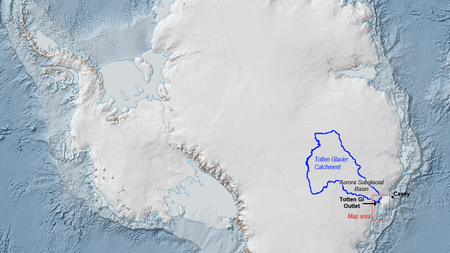 A NASA satellite image of the Totten Glacier, with the critical catchment area highlighted.