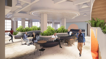 Rendering of a lounge at a Cloudflare office