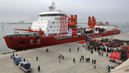 A general view shows Chinese ice breaker ship &quot;Xuelong&quot;, also called &quot;Snow Dragon&quot;, docking at Tianjin November 3, 2011.