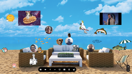 A chaotic Reslash meeting rollicks against a beach-themed background, cluttered with gifs, videos, and the video feeds of several participants.