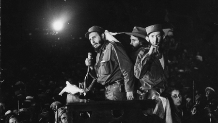 In this Jan. 8, 1959 file photo, Cuba&#039;s revolutionary leader Fidel Castro speaks to supporters at the Batista military base &quot;Columbia&quot; now known as Ciudad Libertad. The Cuban revolution triumphed on Jan. 1, 1959 after dictator Fulgencio Batista fled the country and Fidel Castro and his band of rebels descended from the island&#039;s eastern mountains, where they waged a guerrilla war against government troops. Cuba will celebrate on Jan. 1, 2009 the 50th anniversary of the triumph of the revolution.