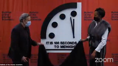 The Bulletin of the Atomic Scientists announced today that it is keeping the minute hand of the &quot;Doomsday Clock&quot; at 100 seconds to midnight.