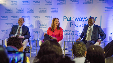 Pathways for Prosperity commissioners Melinda Gates (centre), Strive Masiyiwa (right) and Prof. Stefan Deacon, Blavatnik School of Government during the official launch of the Pathways for Prosperity Commission at the iHub in Nairobi, Kenya on January 25, 2018. Pathways for Prosperity is a new Commission on Technology and Inclusive Development. Pathways for Prosperity Commissioners include Melinda Gates, Sri Mulyani Indrawati, Minister of Finance, Indonesia, Prof. Benno Ndulu, Blavatnik School of Government, Shivani siroya, Founder, Tala Mobile, Kamal Bhattacharya, CEO, iHub, Nadiem Anwar Makarim, Founder and CEO, Go-JEK.