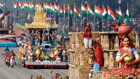 Tableaus from Gujarat and Andhra Pradesh states are displayed during India&#039;s Republic Day parade in New Delhi