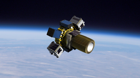 A rendering of the Sherpa in orbit—basically, a metal hexagon studded with computers.