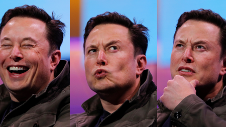 Three facial expressions of Elon Musk, shown in a photographic montage. One smiling, one thinking, one perplexed.