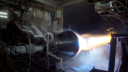A view of the BE-4 engine firing in its test stand.