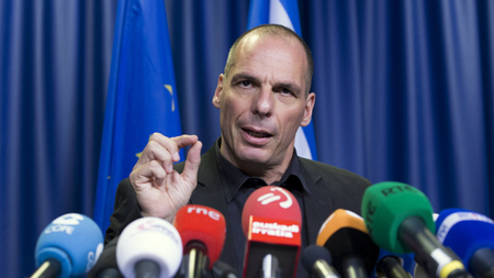 Greek Finance Minister Yanis Varoufakis holds a news conference during a Euro zone finance ministers emergency meeting on the situation in Greece in Brussels, Belgium June 27, 2015.