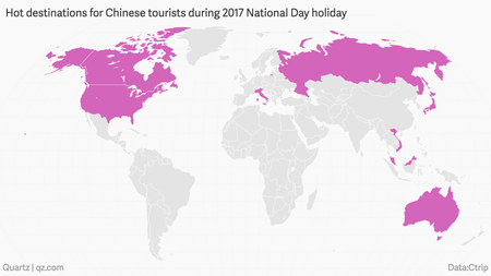 Top international travel destinations during the 2017 National Day Holiday, according to China&#039;s travel agency Ctrip.