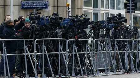 TV cameras are seen outside Palais Coburg before the start of nuclear talks between Tehran and six world powers in Vienna November 22, 2014.