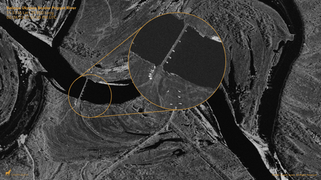 An image created with space radar data shows a temporary bridge constructed by the Russian military.