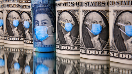 George Washington and Queen Elizabeth II are seen with printed medical masks on the one Dollar and Pound banknotes in this illustration.