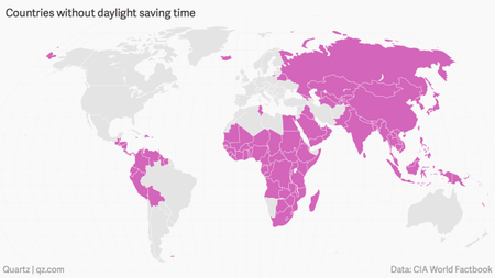 A world map showing which countries don&#039;t use daylight saving time, depicted in pink. The countries include much of Africa and Asia, as well as Russia and western South America.