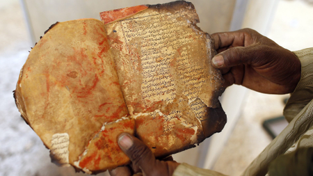 A salvaged manuscript at the Ahmed Baba Centre for Documentation and Research in Timbuktu. Thousands of ancient manuscript were destroyed when Islamists took over the city in 2012.