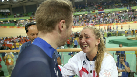 Team GB&#039;s Jason Kenny and Laura Trott reunite after Kenny wins the gold medal in the men&#039;s Keirin final at Rio 2016.