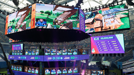 Contestants compete during the Fortnite World Cup Duos Finals in 2019.