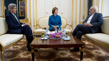 U.S. Secretary of State John Kerry, European Union Foreign Policy Chief Catherine Ashton, and Iran&#039;s Foreign Minister Mohammad Javad Zarif are photographed as they participate in a trilateral meeting in Vienna October 15, 2014.
