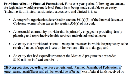 Excerpt from CBO report on Planned Parenthood budget defunding.