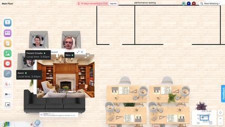 A screenshot of a TeamFlow meeting, showing three people&#039;s faces in small circles arranged on top of illustrations of office furniture, in the middle of a drawing of an office floorplan