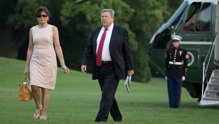 Viktor and Amalija Knavs, the parents of first lady Melania Trump, walk from Marine One across the South Lawn to the White House in Washington, Sunday, June 11, 2017, as they arrived with President Donald Trump, first lady Melania Trump and the Trumps&#039; son, Barron Trump. (AP Photo/Carolyn Kaster)