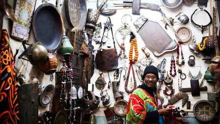 A Berber salesman sells Berber artefacts in a shop in Marrakesh in western Morocco.