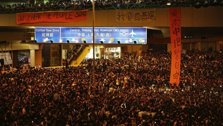 Protesters on the main street to Hong Kong&#039;s financial district, outside the government headquarters on Sept. 29, 2014.