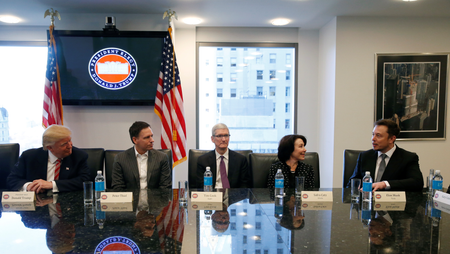 U.S. President-elect Donald Trump sits with PayPal co-founder and Facebook board member Peter Thiel, Apple Inc CEO Tim Cook, Oracle CEO Safra Catz and Tesla Chief Executive Elon Musk during a meeting with technology leaders at Trump Tower in New York U.S., December 14, 2016. REUTERS/Shannon Stapleton - RTX2V2DE