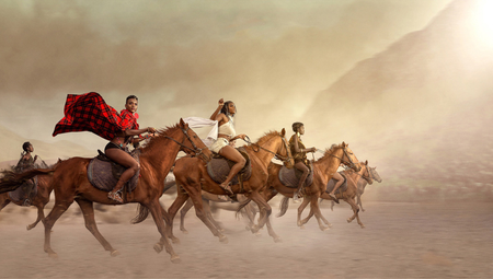 Artwork by Rich Allela and Kureng Dapel depicts African warriors on horseback.