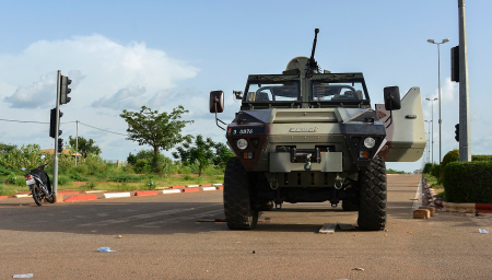An abandoned armored military vehicle is seen on the streets during protests against a coup in Ouagadougou.