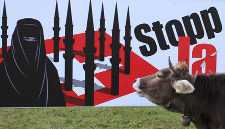 A cow stands in a meadow next to a display advertising the initiative against the construction of new minarets (contre la construction des minarets) in Switzerland