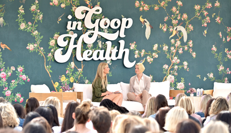 LOS ANGELES, CALIFORNIA - MAY 18: (L-R) goop CEO Gwyneth Paltrow and Elizabeth Gilbert speak onstage at In goop Health Summit Los Angeles 2019 at Rolling Greens Nursery on May 18, 2019 in Los Angeles, California. (Photo by Neilson Barnard/Getty Images for goop)