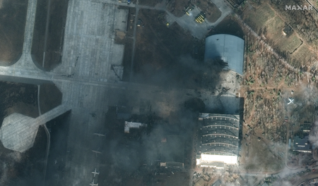 A satellite image of damage to a Ukrainian airfield in Hostomel, near Kyiv.